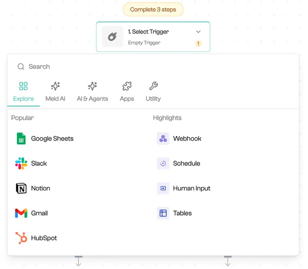 Screenshot of the menu that allows the user to select the triggers that initiate a Meld