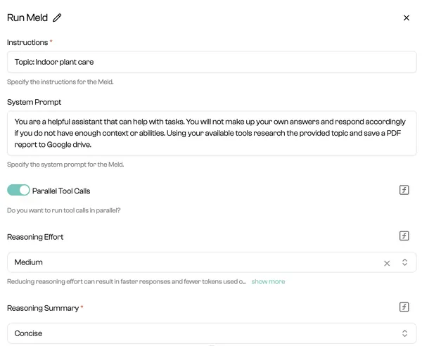 Screenshot of the Run Meld step configuration with instructions and a system prompt