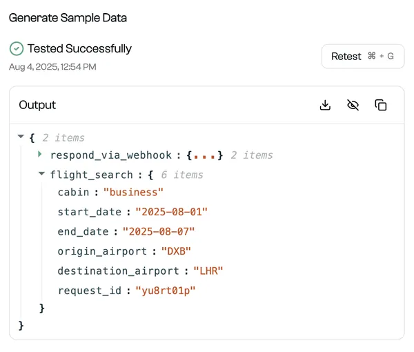 Screenshot of a successful test run with generated sample data and structured output