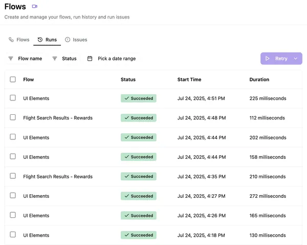 Screenshot of the run history of a deployed Meld with statuses and durations